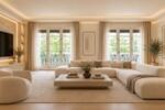 Sal&oacute;n minimalista c&aacute;lido con ventanales franceses