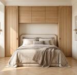 Dormitorio minimalista en tonos c&aacute;lidos