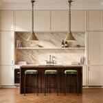 Cocina elegante con isla de madera y m&aacute;rmol