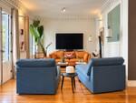 Sal&oacute;n cl&aacute;sico moderno con TV y sof&aacute;s azules